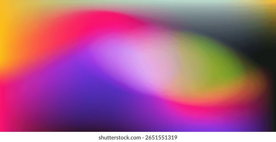Abstract vector illustration in modern gradient style with soft, blended shapes. Features vibrant colors: pink, purple, yellow, green, blue, and black. Dreamy and futuristic background. 