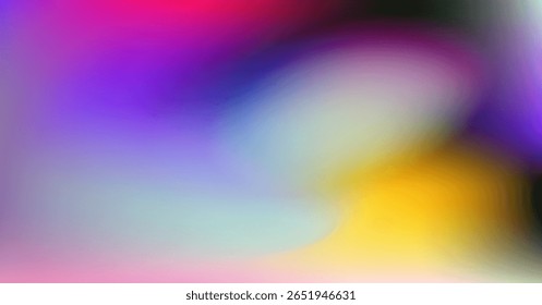 Abstract vector illustration in modern gradient style with soft, blended shapes. Features vibrant colors: pink, purple, yellow, green, blue, and black. Dreamy and futuristic background. 