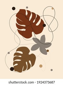 Resumen de la ilustración vectorial de las hojas de monstera, línea. Decoración contemporánea.
