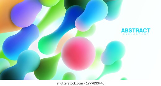 Abstract vector illustration with morphing balls on white background. Realistic 3d fluid bubbles, metaball spheres, drops and blops.  Copy, empty space.