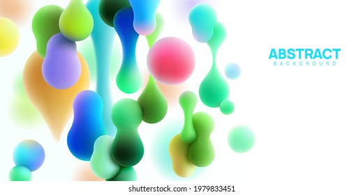 Abstract vector illustration with morphing balls on white background. Realistic 3d fluid bubbles, metaball spheres, drops and blops.  Copy, empty space.