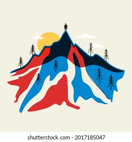 Abstract vector illustration with mountain landscape, man silhouette, white clouds and doodle pine tree forest. Inspirational apparel print design, home decoration poster