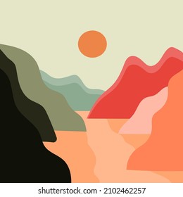 Abstract vector illustration of mountains with sun