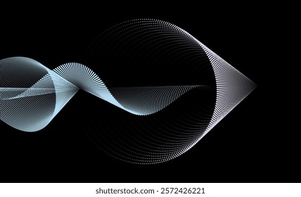 An abstract vector illustration, moving dots forming wave patterns on a black background, the design symbolizes technology, sound, and music.