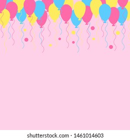 Abstract vector illustration with multicolored balloons floating on a soft pink background. Cute greeting cards design template with place for text.
