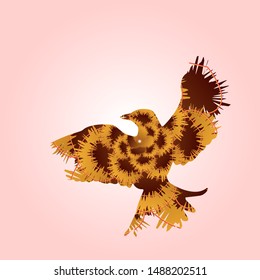 Abstract vector illustration of a multicolored bird shape design. Beautiful and colorful bird poster illustration. White and pink gradient background.