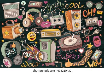 Abstract vector illustration of music. Icons design for your product. Festival  background. Musical instruments. Sound. Party and fun