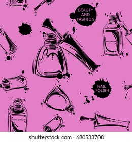 Abstract vector illustration with nail polish. Seamless pattern. Fashion illustration.