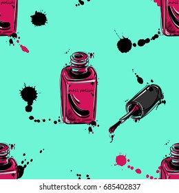 Abstract vector illustration with nail polish. Seamless pattern. Fashion illustration.