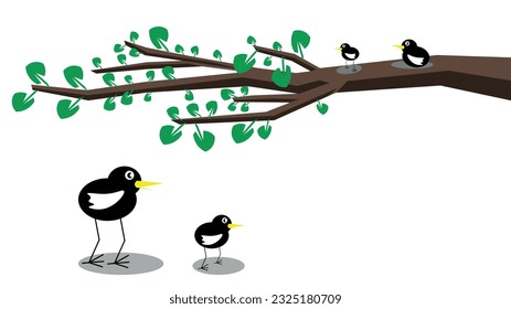 Abstract vector illustration of nature. Branch with shading, green leaves and two birds. Below, under a branch, two birds standing on the ground. Nature, animal, branch, wooden, bird, blackbird.