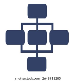 Abstract vector illustration of a network connection, featuring a central square with four connected rectangular nodes, rendered in a minimalist style with a dark blue color palette.