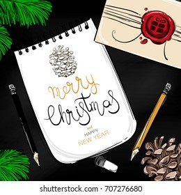 Abstract vector illustration of a New Year desktop. Top view. Christmas background with fir branches, fir cones, a gift, a notebook, a pencil and eraser