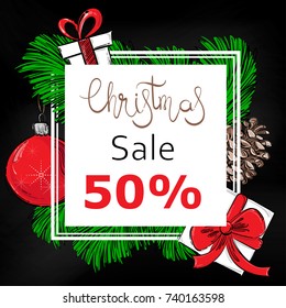 Abstract vector illustration with New Year's ball, gifts, fir branches and fir cones. Square Christmas banners for your design. Christmas sale.