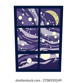 An abstract vector illustration of a night sky viewed through a window, featuring the moon, stars, and flowing wave patterns in purple tones. Suitable for decorative designs, backgrounds, storytelling