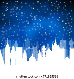 Abstract vector illustration of  the night sky with stars and snowfall above London city silhouette. New Year or Christmas background. White city scape on dark blue winter background.