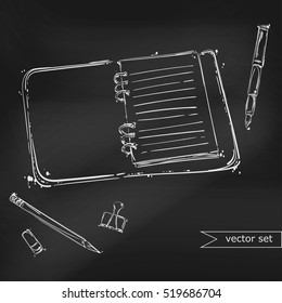 Abstract vector illustration with a notebook, pen, pencil, eraser and paper clips. Set against the background of the school board.