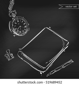 Abstract vector illustration with a notebook, a pen and a pocket watch. Set against the background of the school board.