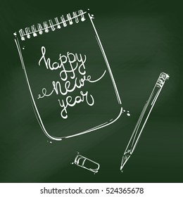 Abstract vector illustration with a notebook, pencil, eraser. Blackboard.
