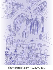 Abstract vector illustration of an old city in purple color.
