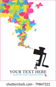 Abstract vector illustration of old meat-grinder and butterflies. Place for your text.