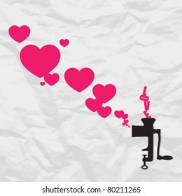 Abstract vector illustration of old meat-grinder and hearts on a paper-background.