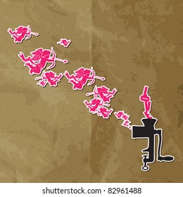 Abstract vector illustration of old meat-grinder and cupid on a paper-background.