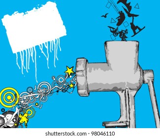 Abstract vector illustration of old meat-grinder and art background. Place for your text.