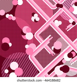 Abstract vector illustration on the dark-red background of dots stripes circles