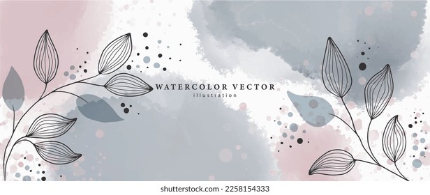 Abstract vector illustration on a watercolor background with branches and leaves for cards, covers, decor and design