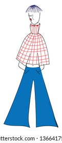 Abstract vector illustration on white background of a short haired girl in red and white striped shirt and jeans