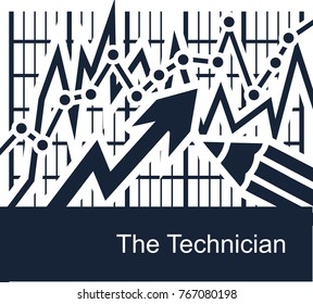 Abstract vector illustration on white background of an economic technician. A graph demonstrating financial flows and capital growth and a pencil icon is a symbolic designation of skills 