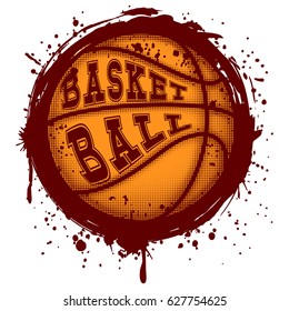 Abstract vector illustration orange basketball ball on grunge background. Inscription basketball. Design for tattoo or print t-shirt.