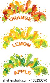 Abstract vector illustration orange, lemon and apple juice colorful splashes.