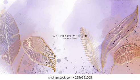 Abstract vector illustration in orange and purple tones with palm leaves, banana leaves, monstera leaves for postcards, backgrounds, wallpapers, designs