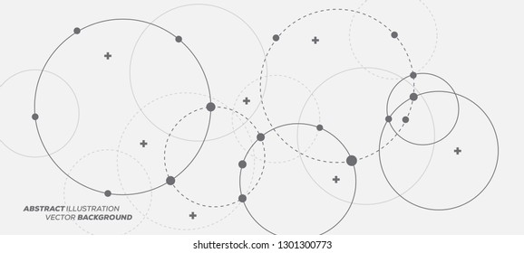 Abstract vector illustration with overlapping circles, dots and dashed circles. Science and connection concept. Wide molecule structure background.