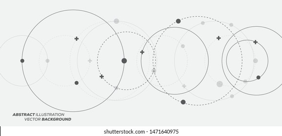 Abstract vector illustration with overlapping circles, dots and dashed circles. Science and connection concept. Wide molecule structure background.