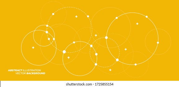 Abstract vector illustration with overlapping circles, dots and dashed circles. Science and connection concept. Wide molecule structure background.