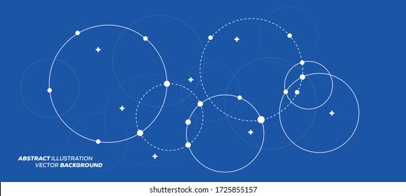 Abstract vector illustration with overlapping circles, dots and dashed circles. Science and connection concept. Wide molecule structure background.