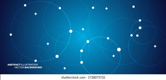 Abstract vector illustration with overlapping circles, dots and dashed circles. Science and connection concept. Wide molecule structure background. Can be used for web design, banner or presentation.