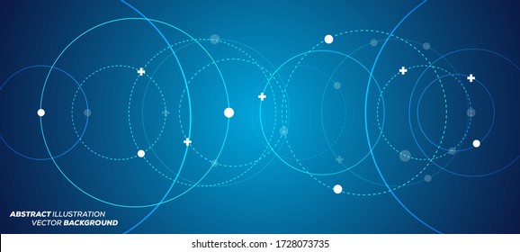 Abstract vector illustration with overlapping circles, dots and dashed circles. Science and connection concept. Wide molecule structure background. Can be used for web design, banner or presentation.