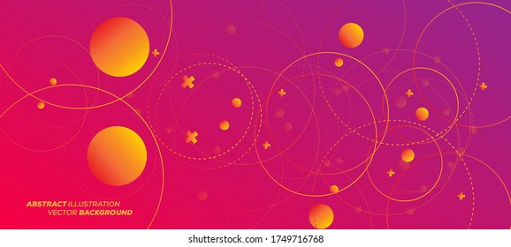 Ilustração vetorial abstrata com círculos sobrepostos, pontos e círculos tracejados. Conceito de ciência e conexão. Fundo de estrutura de molécula largo. Pode ser usado para web design, banner ou apresentação.