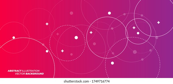 Abstract vector illustration with overlapping circles, dots and dashed circles. Science and connection concept. Wide molecule structure background. Can be used for web design, banner or presentation.