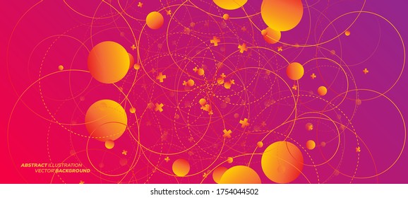 Abstract vector illustration with overlapping circles, dots and dashed circles. Science and connection concept. Wide molecule structure background. Can be used for web design, banner or presentation.