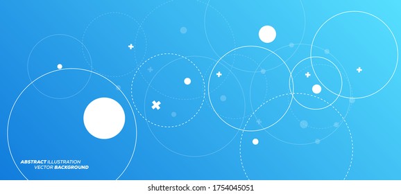 Abstract vector illustration with overlapping circles, dots and dashed circles. Science and connection concept. Wide molecule structure background. Can be used for web design, banner or presentation.