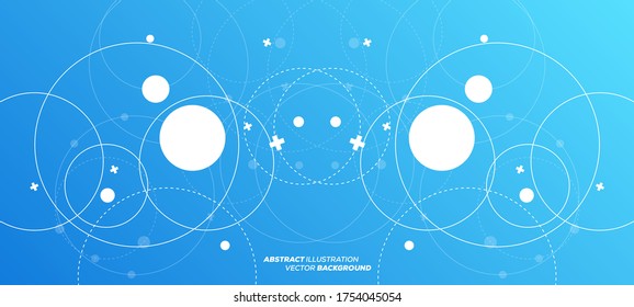 Abstract vector illustration with overlapping circles, dots and dashed circles. Science and connection concept. Wide molecule structure background. Can be used for web design, banner or presentation.