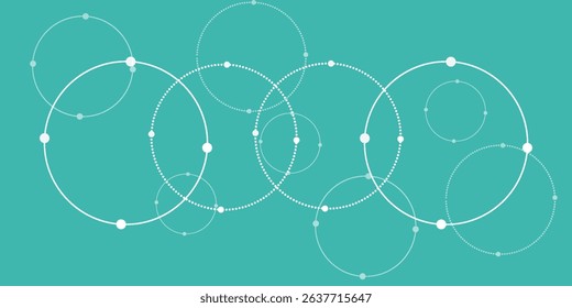 Abstract vector illustration with overlapping circles, dots and dashed circles. Science and connection concept. Wide molecule structure background.