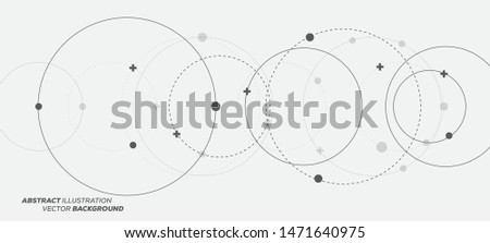 Abstract vector illustration with overlapping circles, dots and dashed circles. Science and connection concept. Wide molecule structure background.