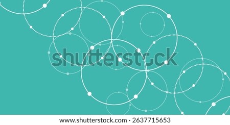 Abstract vector illustration with overlapping circles, dots and dashed circles. Science and connection concept. Wide molecule structure background.