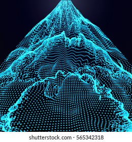 Abstract vector illustration. Particle flow background. Cyber mountain.