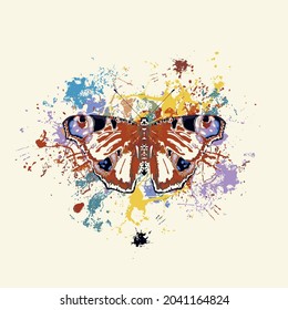 Abstract vector illustration of a peacock eye butterfly with open wings and bright paint spots on a light background. Creative banner with a beautiful insect in modern style. T-shirt print, graffiti